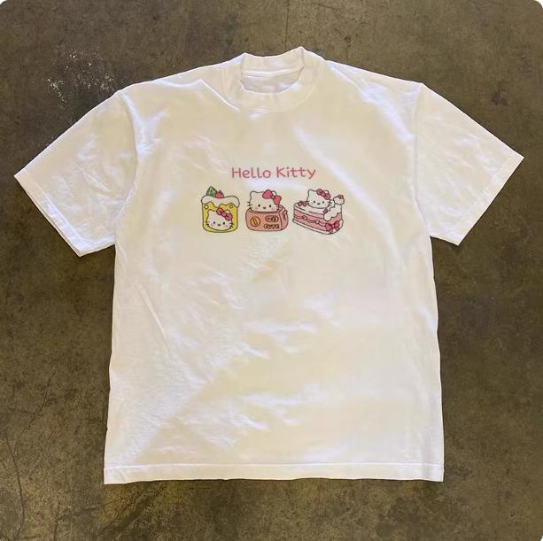 Sanrio 2026 Summer Comic Form Hello Kitty Image 100 Cotton Printed Casual Tshirt Adult Children Parentchild Top Casual Wear