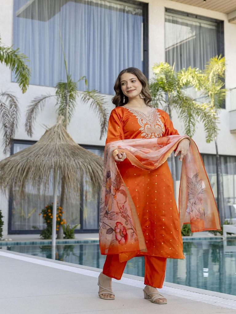Orange Kurta Set for Women Embroidered Ethnic Suit with Dupatta Festive Wear