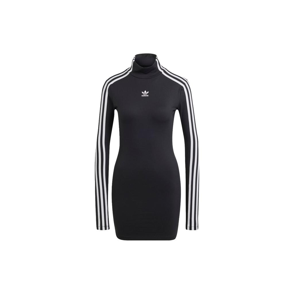 Adidas Originals Spice Girl Series Three Stripes Logo Embroidered Backless Fitted High Neck Long Sleeve Dress Women Dresses Black IV9333