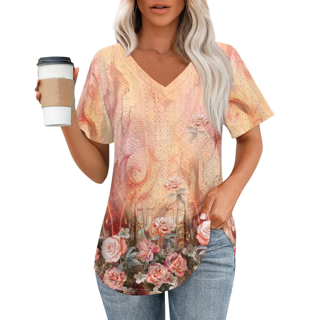 Womens T Shirts V Neck Short Sleeve Casual Tops Loose Fit Basic Tees With Curved Hem