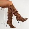 2024 Ladies Shoes Plus Size Knee-High Women's Boots Slip On Modern Boots Women Leopard Pleated Pointed Toe Thin Heel Shoes Women
