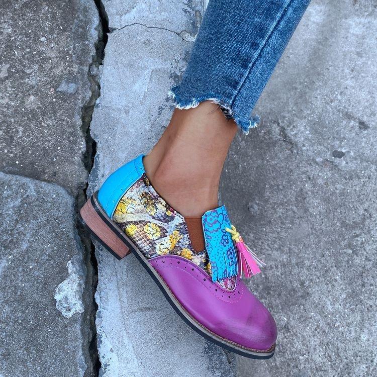 Весенние туфли смешанных цветов 2024 года, женские туфли на плоской подошве с принтом, винтажный круглый носок, кисточки, шнуровка, женская мода, ретро женская обувь