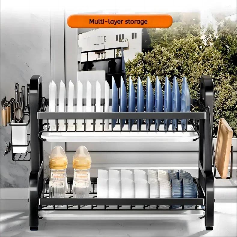 Компактная двухъярусная сушилка для посуды с крылом для сушки и держателем для столовых приборов для столешницы