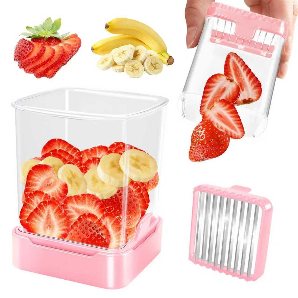 Fruit Slicer Cup for Strawberry, Banana, Hard-Boiled Egg - Detachable Cutter with Push Plate - 304 Stainless Steel Blade - Rapid & Safe Slicing