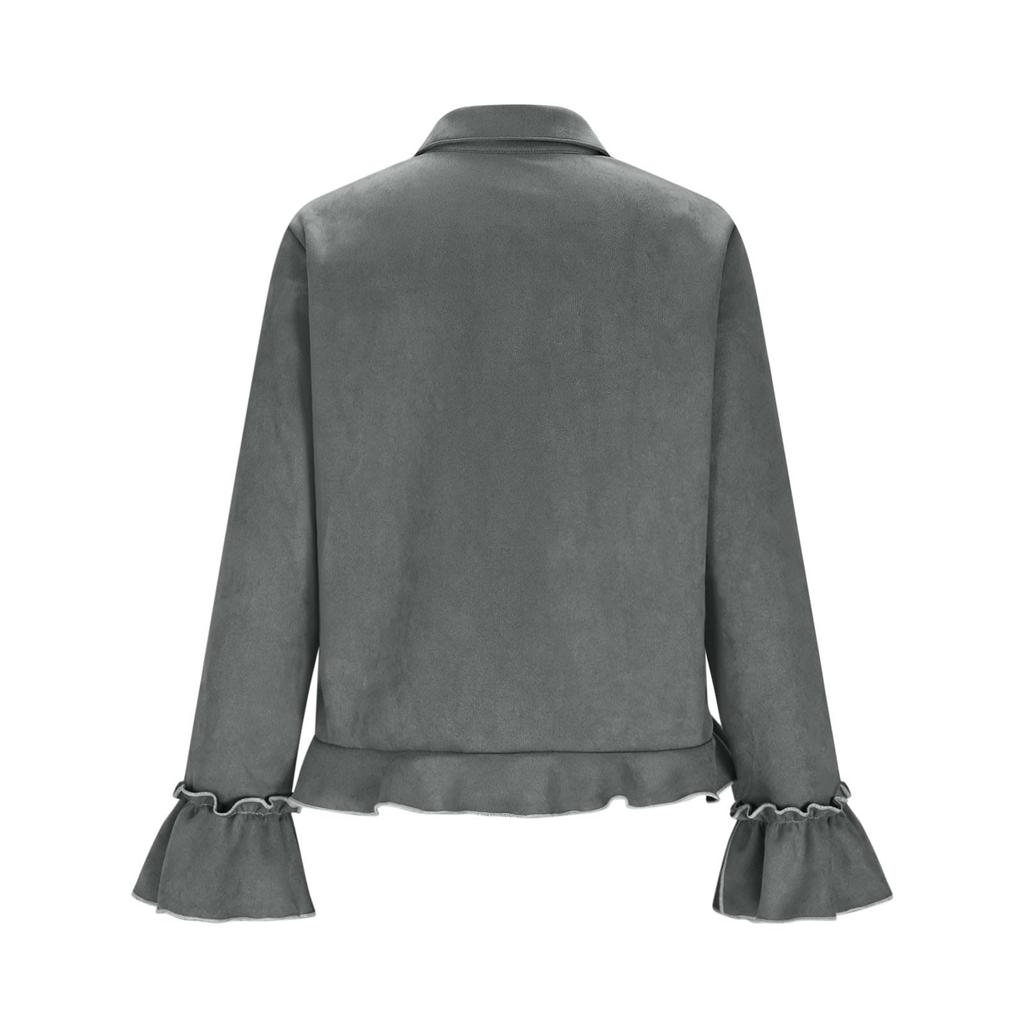 Женская Мода Повседневная Замшевая Фланелевая Рубашка Классическая Пуговичная Низ Рюши Длинный Рукав Ретро Топ