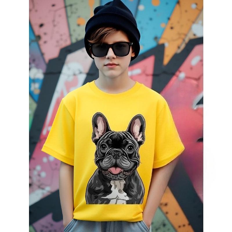 European sizes Boys' T-shirt French Bulldog Portrait Art Print, Ideal for Outdoor Activities, Soft Knitted Top, Comfortable And Breathable