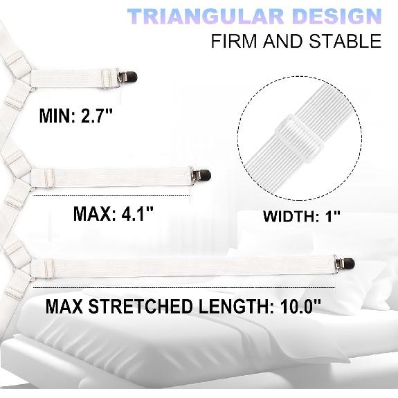 4 PCS Fitted Bed Sheet Straps - Elastic Suspenders with Metal Clips for Bed Sheets, Mattress Covers, Sofa Cushions - Adjustable Fasteners to Keep