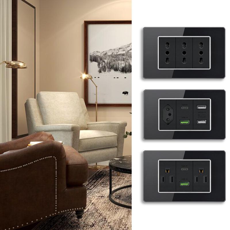 Brazil US Wall Light Switch Power Socket with USB Type-c 20W,Italy Chilean Fast Charging Tempered Glass Panel Universal Outlet