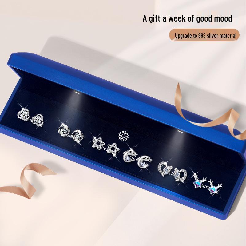 Pure Silver Stud Earrings Set - Light Luxury, High-End, Simple Design, Perfect Christmas Gift for Girls.