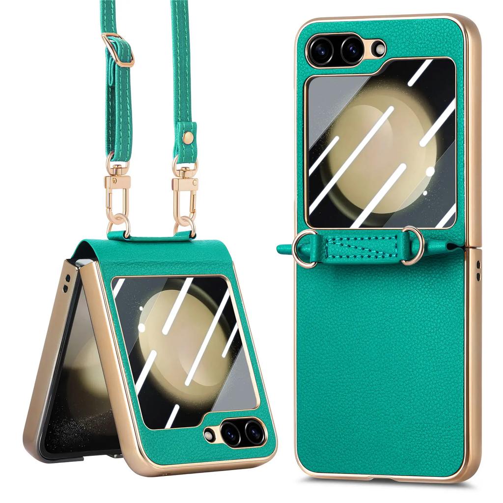 Кроссбоди Шнурок Гальваническое покрытие PU Кожа Чехол для телефона для Samsung Galaxy Z Flip 5 Flip5 5G Жесткий Чехол Ударопрочная Накладка