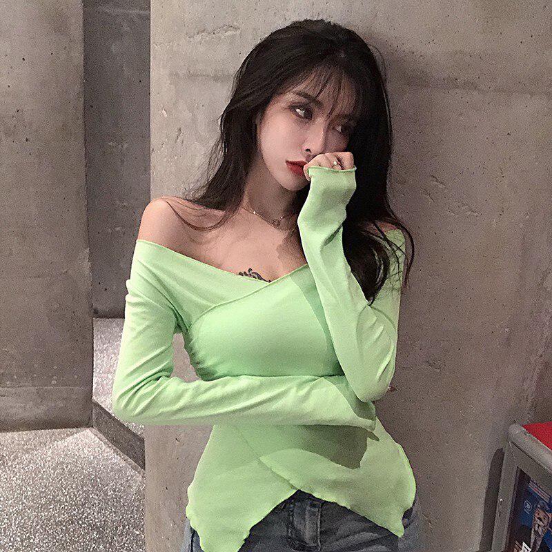 Korean Style Long Sleeve Solid Color T Shirts Women Sexy V-neck Split Womens Fashion Casual Top Tee Shirt