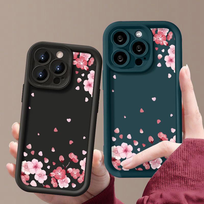 Противоударный чехол с розовым узором сакуры для iPhone 16 Pro Max 15 Plus 14 Pro 13 12 11 XS XR 8 7 TPU Мягкий Матовый Силиконовый Чехол для Телефона