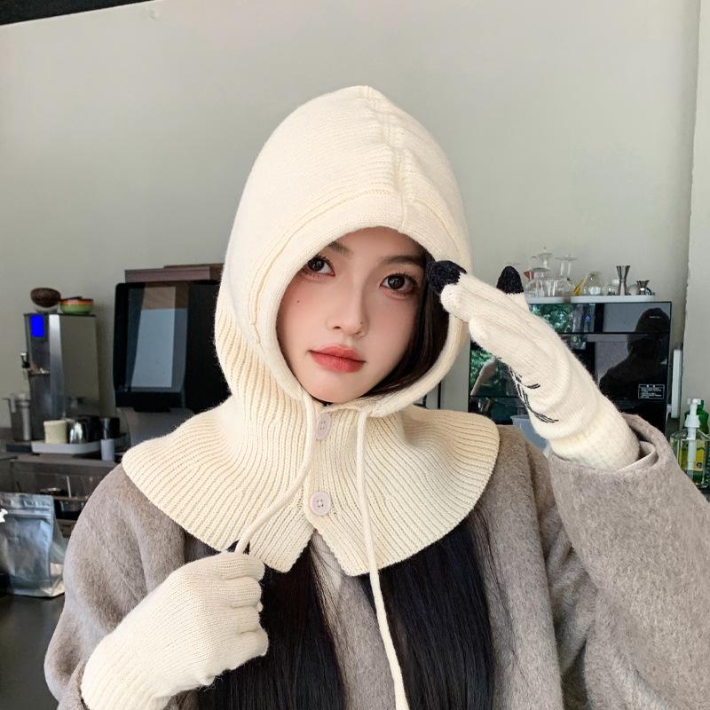 Winter Outdoor Warmer Balaclava Hats Women Girls Knitted Hooded Hats Scarf and Gloves Set Drawstring One-piece Neck Collar Beanies Caps