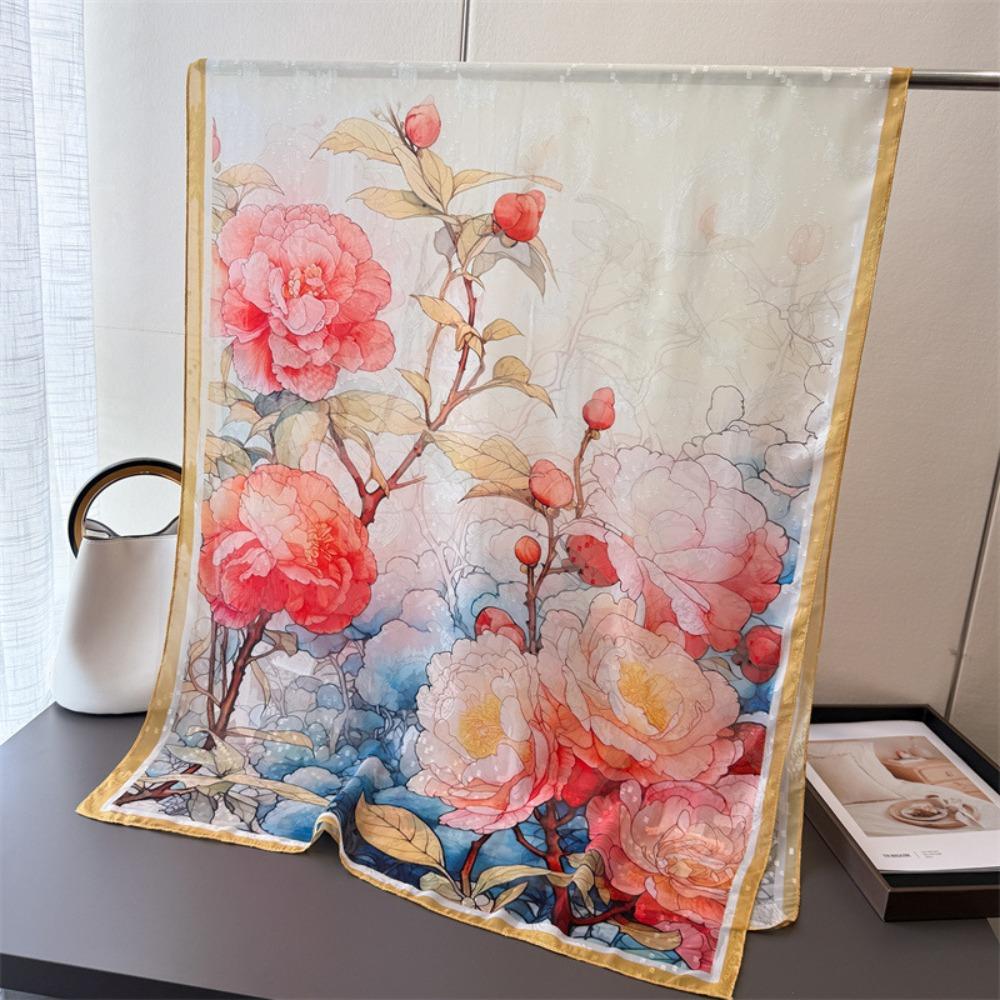 Soft Silk Scarves Peony Flower Female Shawl Wrap Fashion Women Head Scarf Summer