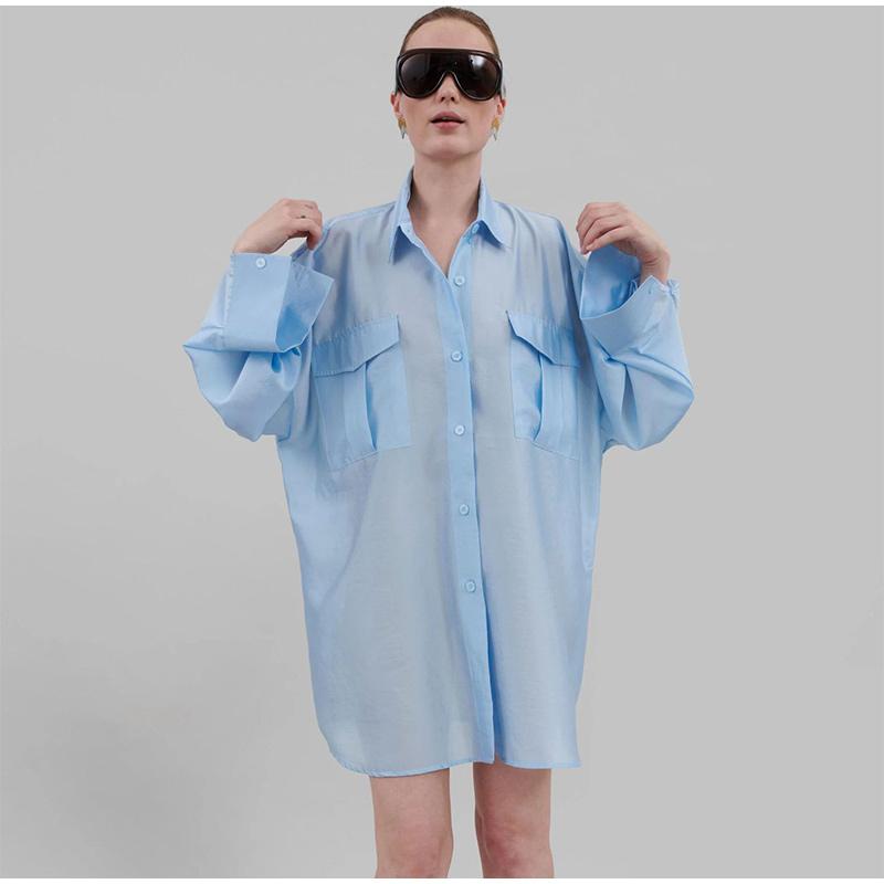 Повседневная свободная рубашка женская весна-лето лацканы пуговицы карманы блузка женская длинный рукав однотонные топы леди прохладный уютный универсальный базовый