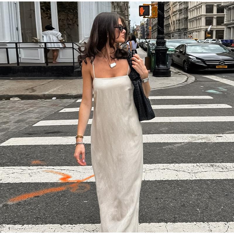 Элегантное хлопковое платье-комбинация с подкладкой, женское однотонное платье без рукавов, длинное женское платье 2025 года, весна-лето, модное женское пляжное платье