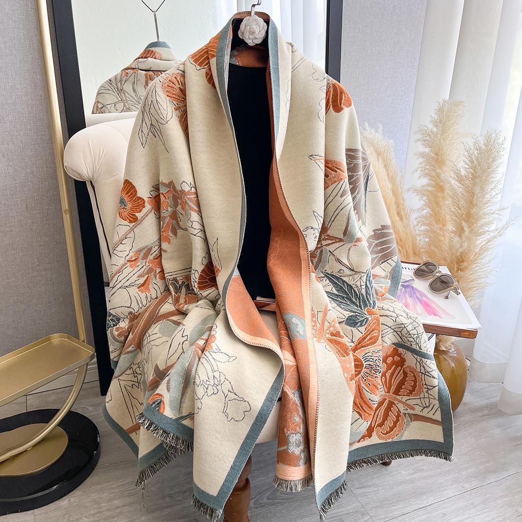 Women's Autumn & Winter Elegant Double-Sided Print Pashmina Scarf - Warm Fringed Shawl, Outdoor Cold-Resistant Windproof Blanket