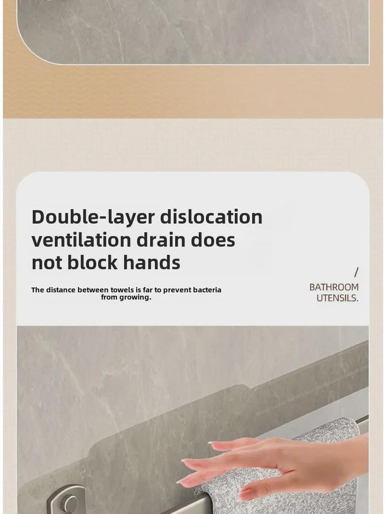 Gunmetal Gray Punch-Free Space Aluminum Towel Rack with Double Rods for Bathroom Storage.