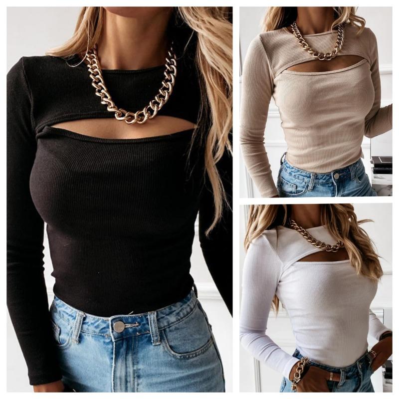 Осенняя женская футболка с вырезом, однотонная, черная, белая, с длинным рукавом, трикотажные футболки, повседневная, облегающая, с круглым вырезом, модная футболка