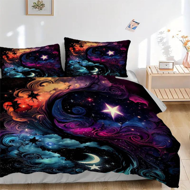 3pcs Celestial Dance in Vibrant Swirls and Stars Bedding Set - 1 Soft Quilt Cover + 2 Pillowcases, Machine Washable - Suitable for All Seaso