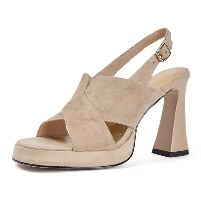 Fashion Thick Heel Women Style Sandals 2024 Summer High Heel Matte Leather Waterproof Platform Open Toe Black Sandals Zapatos Mujer