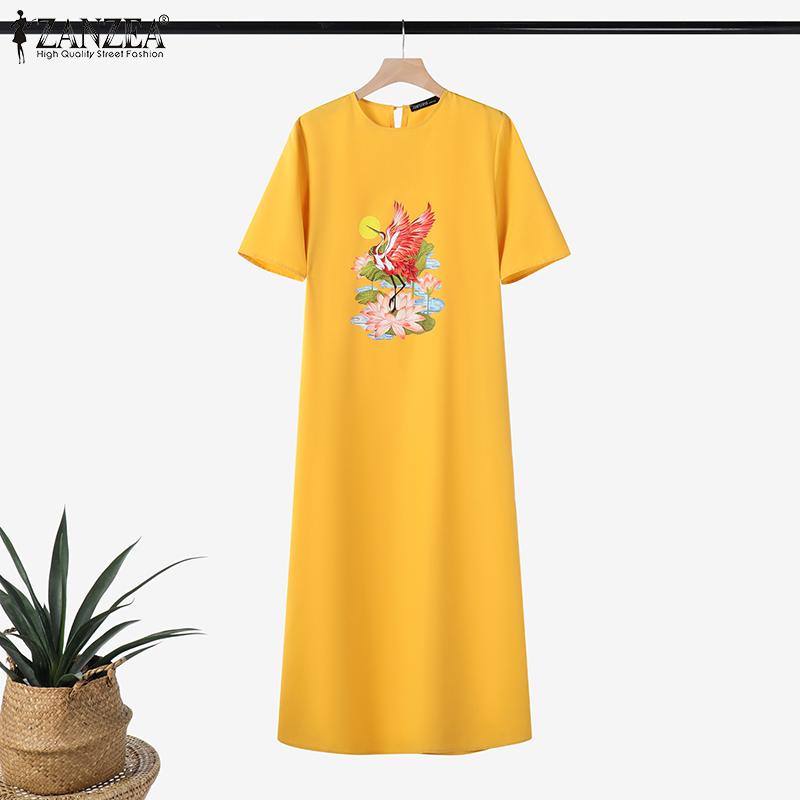 ZANZEA Женское повседневное платье с круглым вырезом и коротким рукавом