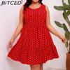 O-Neck Sleeveless Polka Dot Flowy A-Line Ruffled Dress