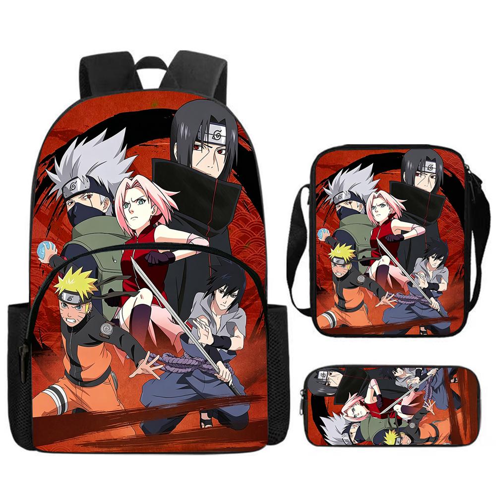 Набор из 3 предметов Школьный рюкзак NARUTO с передним карманом, Сумка через плечо и Пенал, Прочный и легкий, для мальчиков и девочек 5-11 лет