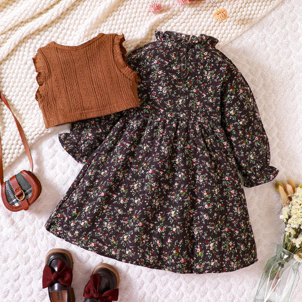 Детская одежда для девочек, весенне-осенняя одежда, цветочное платье, вязаный жилет, костюм, платья принцессы в стиле преппи