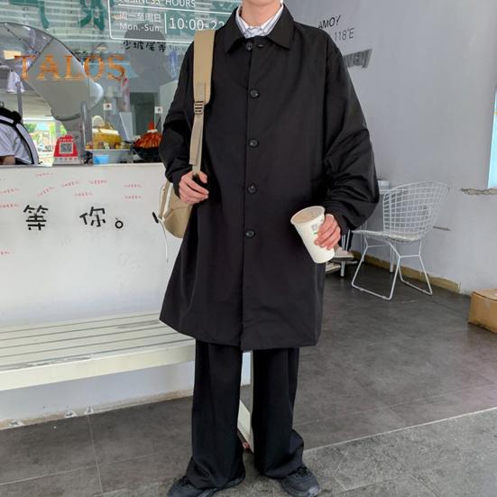 Мужская ветровка, пальто с лацканами, длинный рукав, двубортный тренчкот с карманами, однотонный, свободный крой, повседневная верхняя одежда средней длины