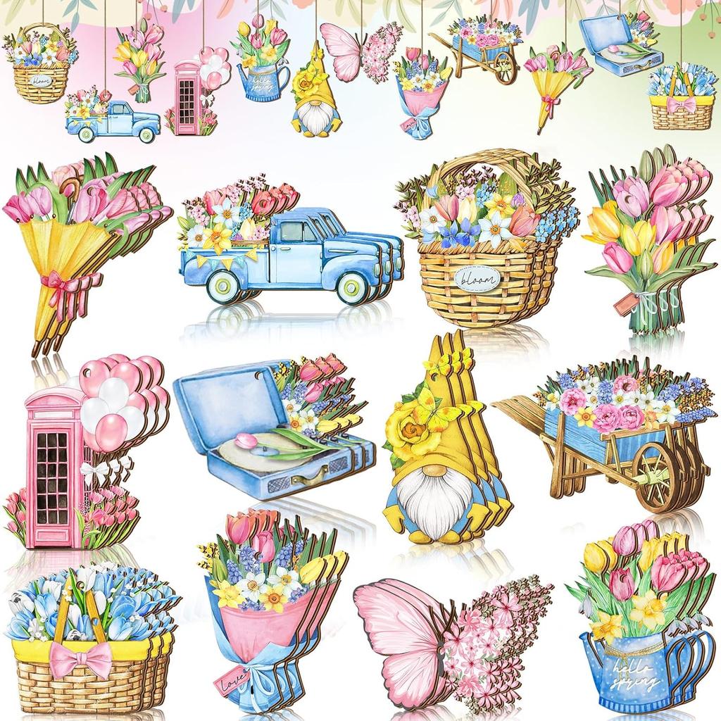 36 Pcs Pastel Spring Ornaments for Tree Wooden Flower Decorations Tulip Truck Watercolor Floral Hanging Decor Wood Spring Decor for Home Small Tree