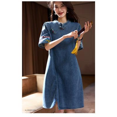Джинсовое платье с пряжкой Temperament, женская весенняя новинка, юбка с короткими рукавами, новая китайская женская одежда больших размеров