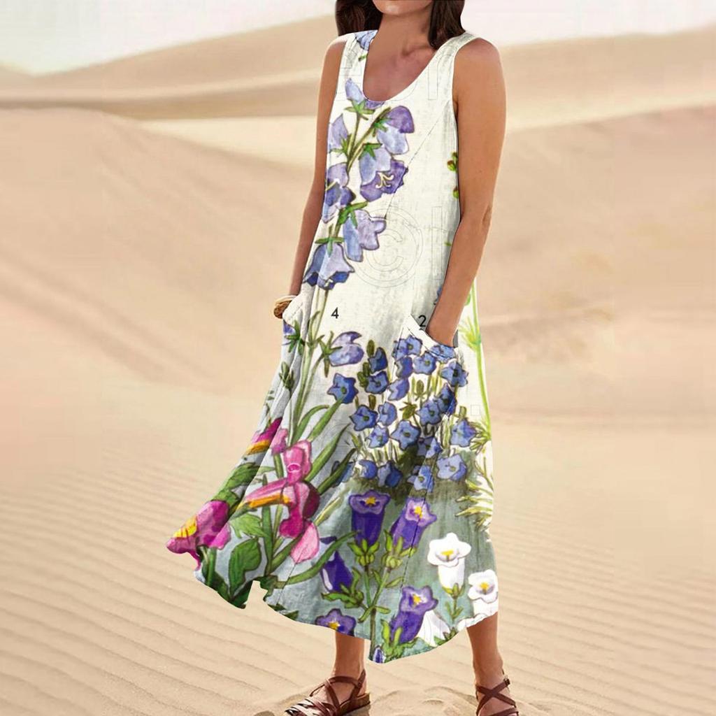 Женское летнее свободное свободное платье с круглым вырезом и цветочным принтом без рукавов, большое свободное платье с карманами