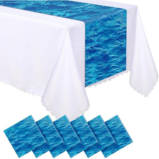 VitalCozy 6 Pcs Ocean Plastic Table Runner 14 x 108 Inch Disposable Blue Water Print Coastal Table Runner for Summer Beach Birthday Mermaid Theme
