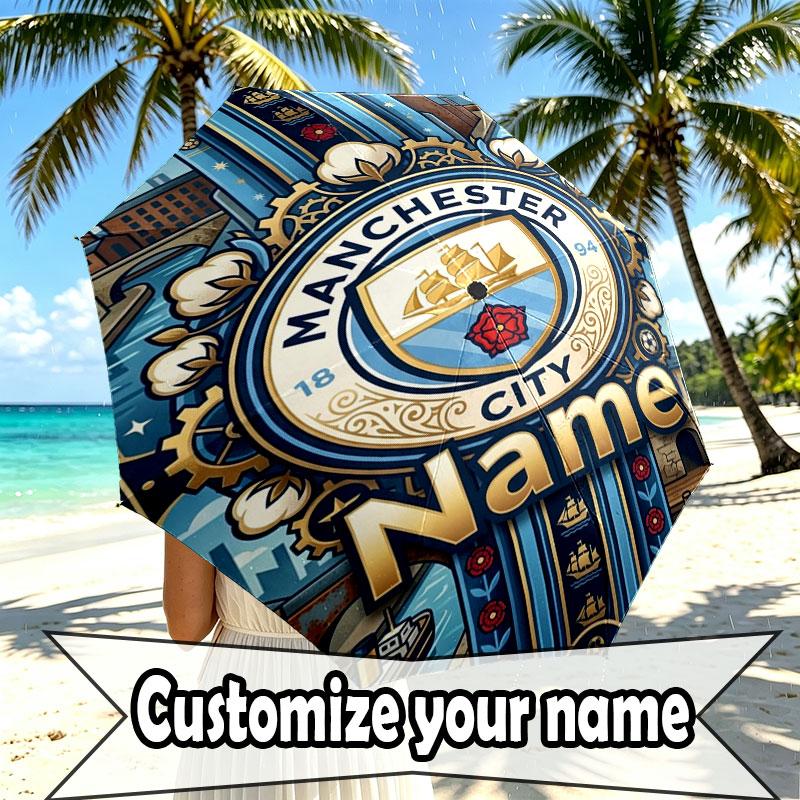 Custom Name Personalized Manchester City Print Umbrella, Auto Open Close, 8‑Rib Sturdy Frame, Commute Camping Hiking Use, Birthday Gift