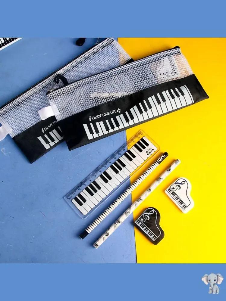 6 Piece Musical Piano Theme Stationery Set Including Ruler Pencil Eraser Pencil Case School Supplies