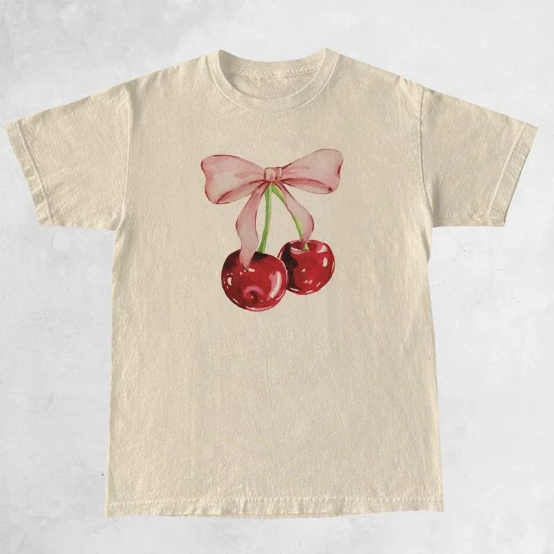 Унисекс Вишневый бант Принт Женская винтажная футболка Модная Милая футболка с коротким рукавом Cottagecore Эстетические топы Женская одежда