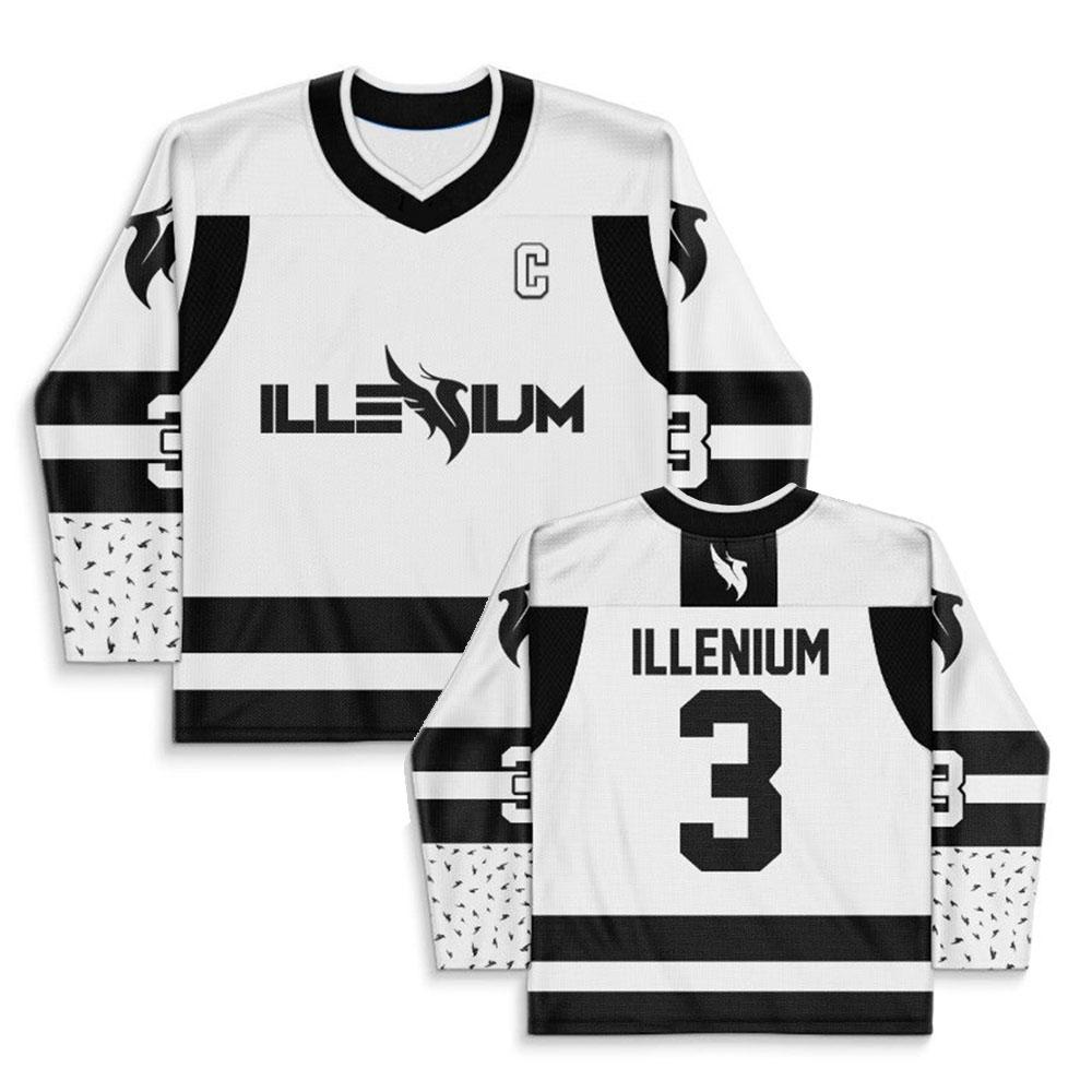 Illenium White Black Clean Logo Rave Hockey Jersey Long Sleeve V-neck T-shirt Unisex Streetwear Graphic Full Print Tshirts