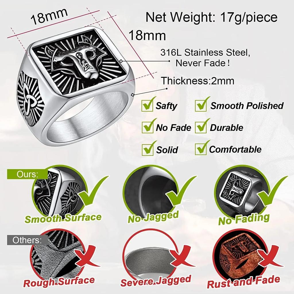 Большие перстни-печатки для мужчины Норвежские викинги Руны Валькнут Голова волка Трикетра Оникс Агат Размер 7-14 Ювелирное изделие Подарок для него