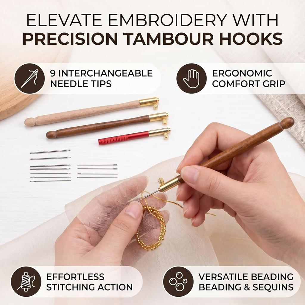 Hooks, 3Pcs French Beading Hook Needle Set for Hand Embroidery with 9 Needles for Sequins and Beads Craft Sewing Tools for Beginners and Professionals
