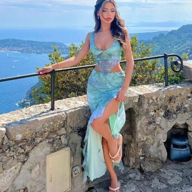 Y2K женский летний топ, длинная юбка, комплект, облегающий жилет без рукавов с цветочным принтом, повседневные длинные юбки с разрезом, сексуальные наряды