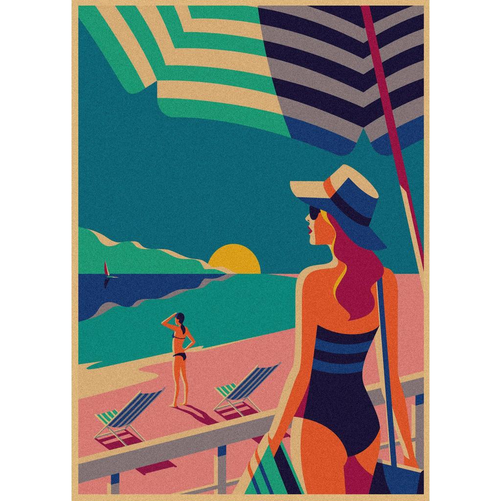 Malika Favre Retro Girl Illustration Kraft Paper Poster for Bar or Cafe Wall Decor