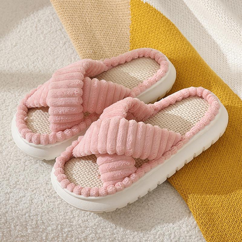 Fashion Cross Strap Corduroy Platform Slippers Women Thick Sole Comfortable Indoor House Slippers Woman Open Toe Non Slip Cotton Shoes
