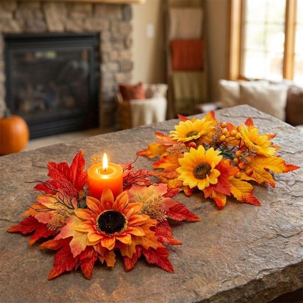 Fade Resistant Sunflower Maple Candle Ring Wreath Fall Decoration