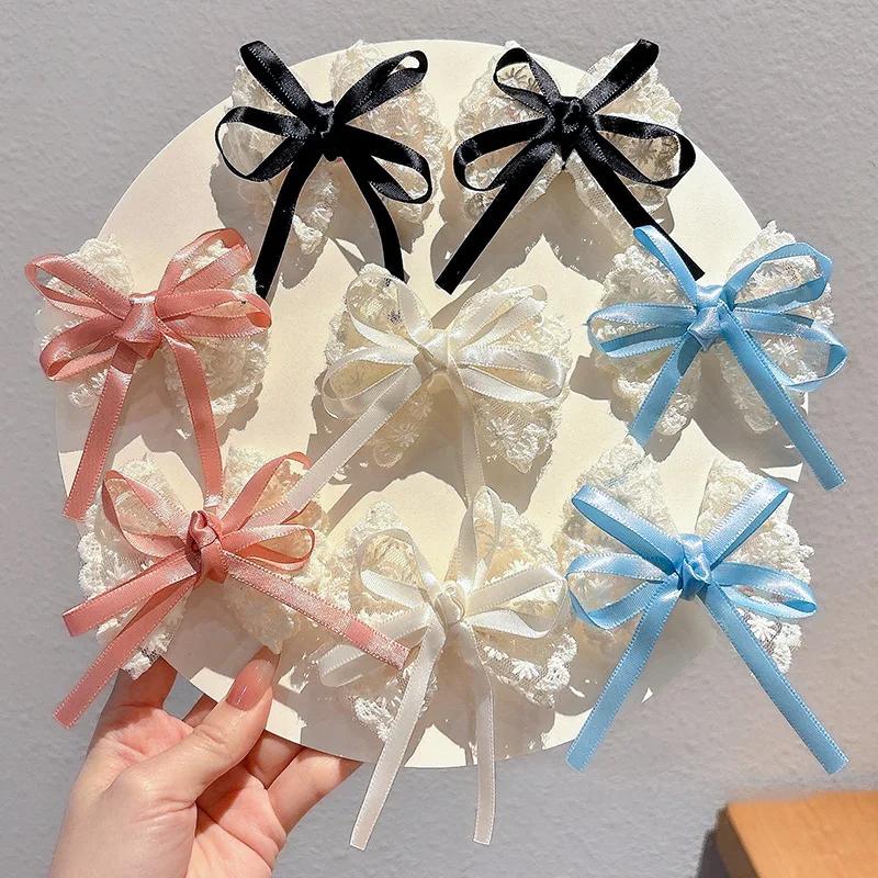 2Pcs Women Fashion Ribbon Floral Design Travel Casual Hair Accessory Elegant Hair Clip Elegant Lace Bow Hairpins