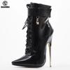18cm Super High Heel Boots Women Sexy Metal Heels Lace-Up Point Toe Dagger Ankle Boots Devious Size 36-46