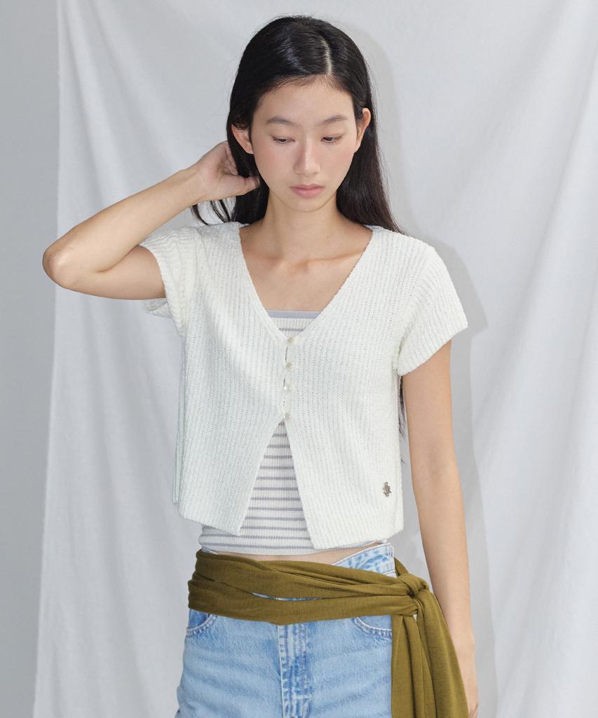 CITYBREEZE V-Neck Short Sleeve Knit Cardigan Set_White