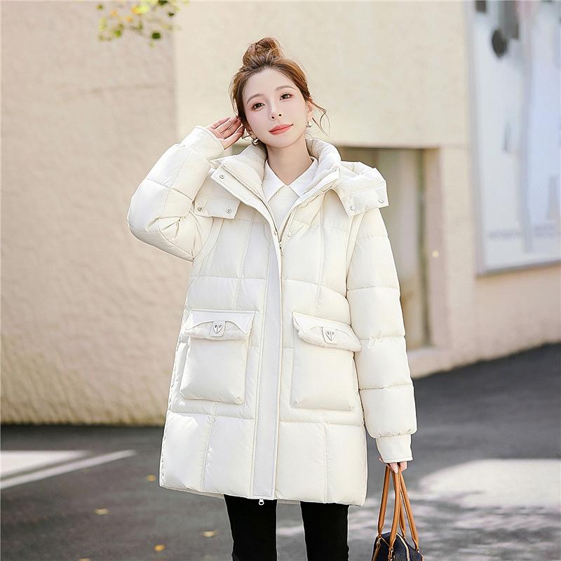 New large size hooded down cotton-padded clothes for women, medium and long versatile, small hooded bread clothes, cotton-padded jackets, trendy