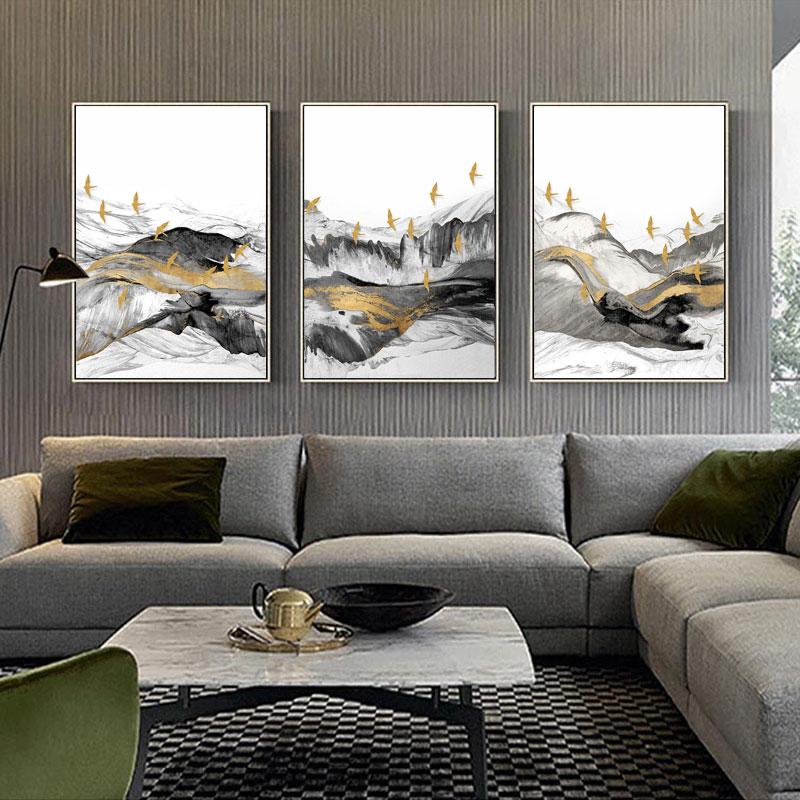 Скандинавский абстрактный художественный пейзаж, серый, золотой, комбинированная картина, настенная художественная картина, холст, печать плакатов для украшения гостиной