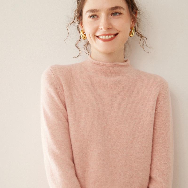 Women's Cashmere Rolled Hem Turtleneck Sweater: Pure, Double-Ply, Thick Knit, Short, Loose, Versatile Base Layer